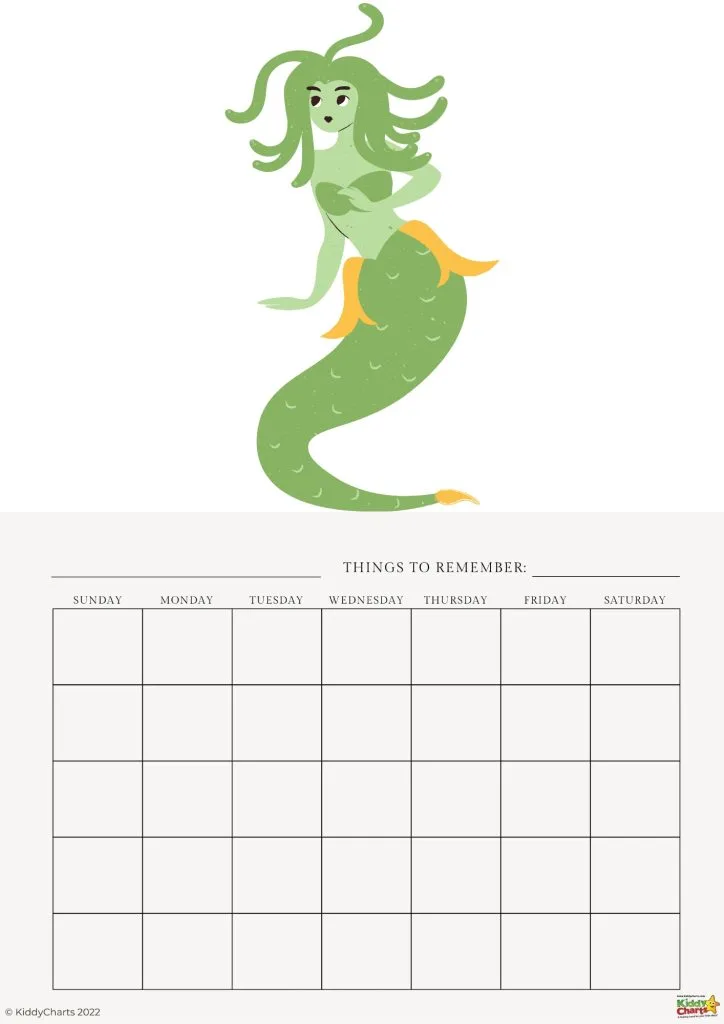 This image features a stylized cartoon mermaid above a blank weekly calendar with space for notes titled "Things to Remember."