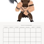 This image features a cartoon illustration of a minotaur holding an axe at the top of a blank calendar template with the days of the week labeled.