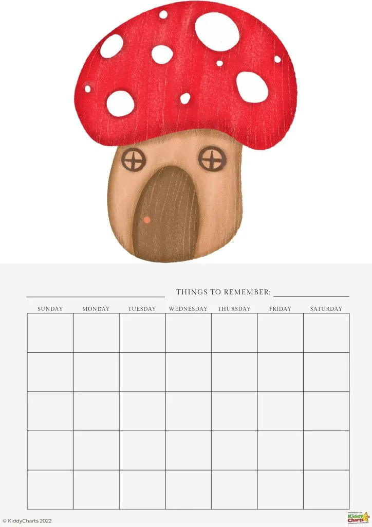 This image shows a whimsical, illustrated mushroom house weekly planner with days Sunday through Saturday, and a section for "Things to Remember."