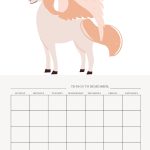 The image shows a printable weekly planner with an illustration of a peach-colored unicorn at the top and empty grid for days of the week.