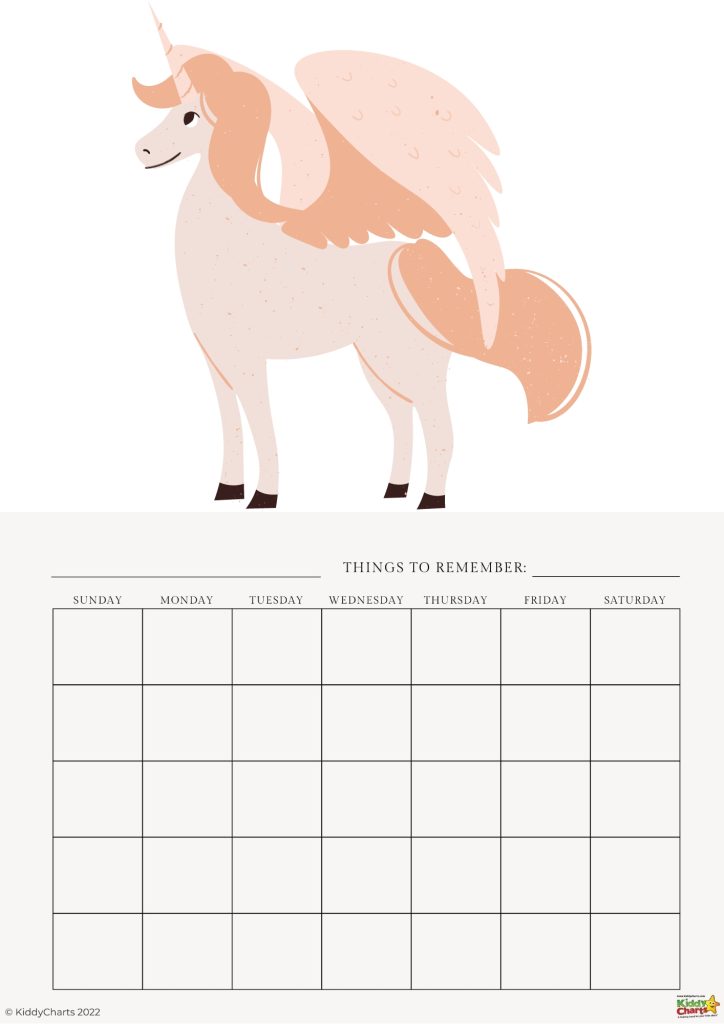 The image shows a printable weekly planner with an illustration of a peach-colored unicorn at the top and empty grid for days of the week.