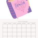 The image displays a whimsical weekly planner with a cartoon-style spellbook at the top, titled "Spells," and a blank calendar template below.