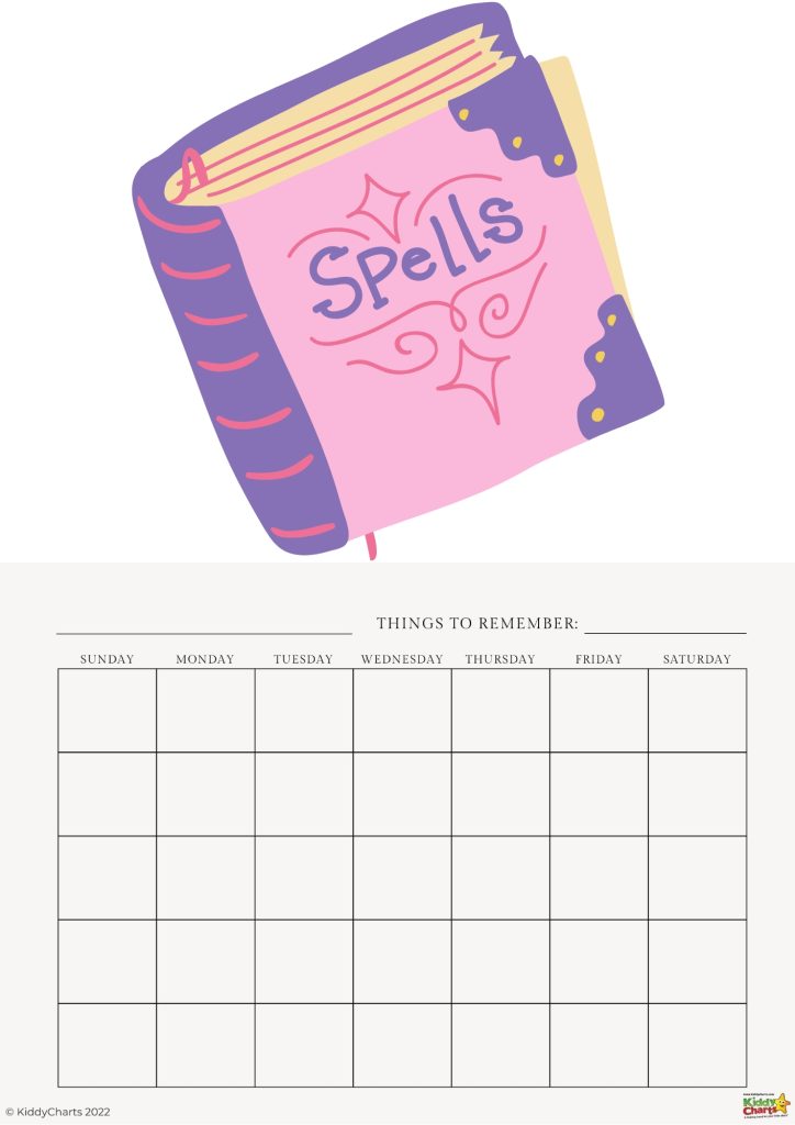 The image displays a whimsical weekly planner with a cartoon-style spellbook at the top, titled "Spells," and a blank calendar template below.