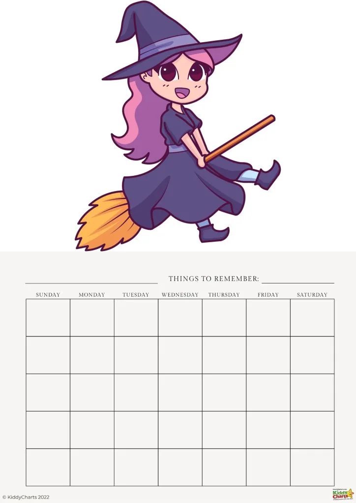 This image features a cute, animated character dressed as a witch flying on a broom above a blank weekly planner with a "Things to Remember" section.