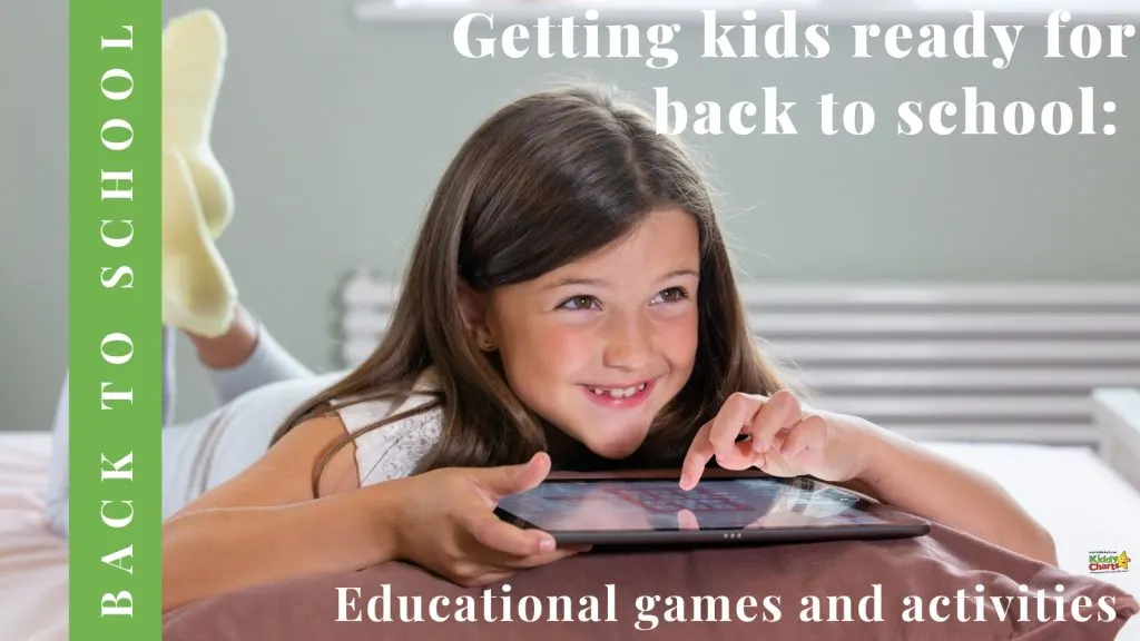 A young girl smiles while using a tablet, with text promoting back-to-school preparation through educational games and activities. It's a colorful, promotional image.