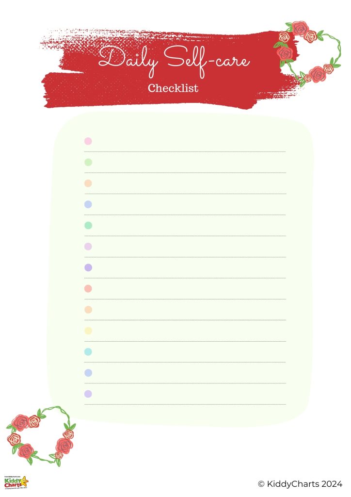 This is a pastel-colored "Daily Self-care Checklist" with a red header, blank lines for tasks, and a floral decoration on the corners. © KiddyCharts 2024.