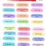 The image features a colorful list titled "Self-Care Ideas for you to put in a jar" with suggestions like reading a book, practicing yoga, and taking a nap. © KiddyCharts 2024.