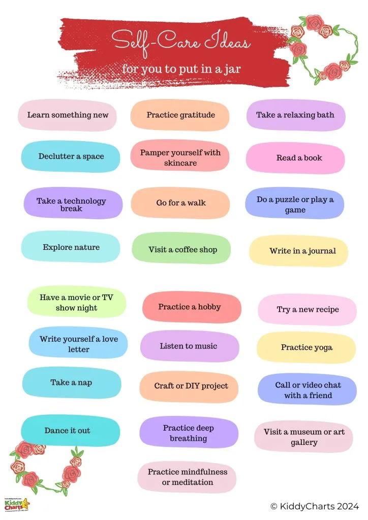 The image features a colorful list titled "Self-Care Ideas for you to put in a jar" with suggestions like reading a book, practicing yoga, and taking a nap. © KiddyCharts 2024.