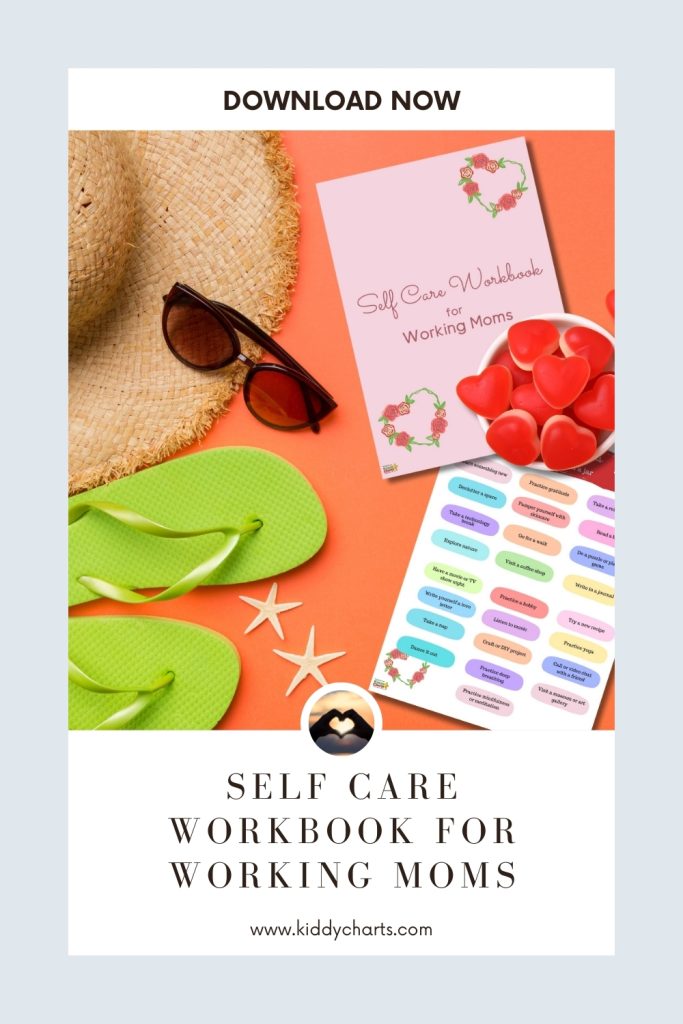 The image features a promotional design for a "Self Care Workbook for Working Moms" with sunglasses, flip-flops, a straw hat, and heart-shaped candies.