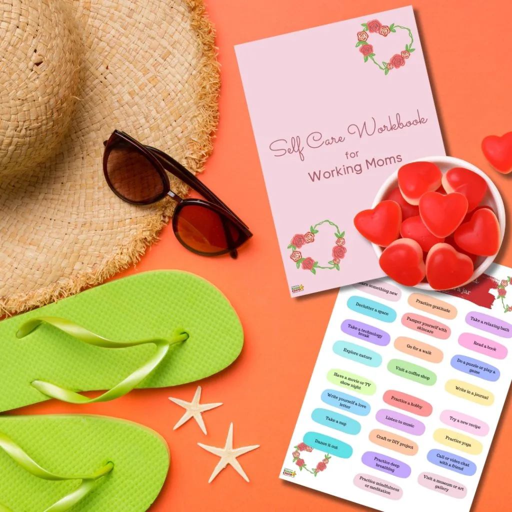 An arrangement featuring a straw hat, sunglasses, flip-flops, starfish, a bowl of heart candies, and a "Self Care Workbook for Working Moms" on an orange background.