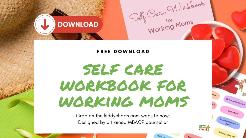 This image features a promotional graphic for a "Self Care Workbook for Working Moms" with a download button, hearts, a straw hat, and glasses.