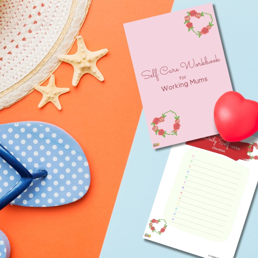 A flat lay featuring a "Self Care Workbook for Working Mums," flip-flops, a sun hat, starfish, and a heart-shaped object on a dual-toned background.