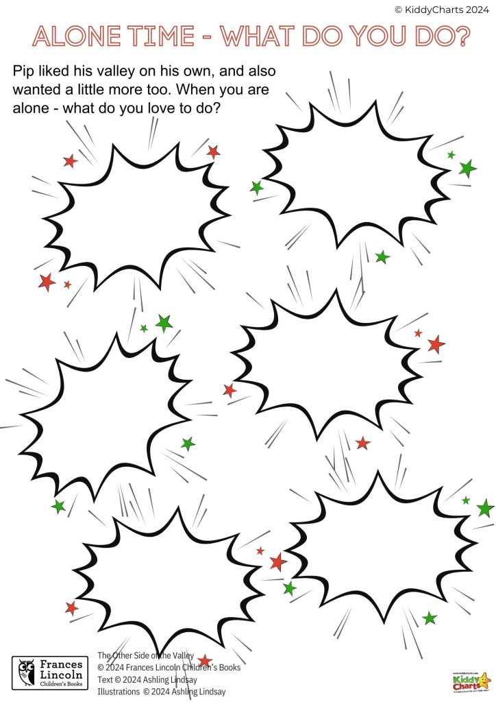 This image is a kids' activity sheet titled "ALONE TIME - WHAT DO YOU DO?" with empty starburst speech bubbles and scattered stars for writing responses.