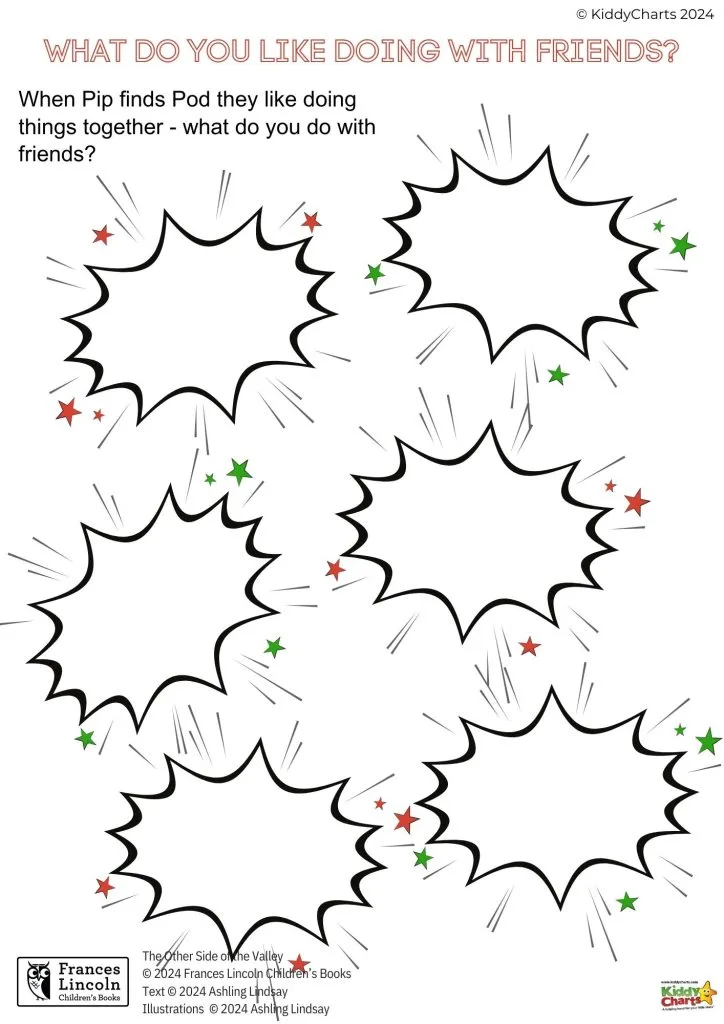 The image is a printable worksheet titled "WHAT DO YOU LIKE DOING WITH FRIENDS?" with blank speech bubbles and colored stars around them.