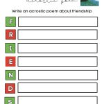 This is a worksheet for writing an acrostic poem about friendship, using the word "FRIENDS." It is for children and includes a book advertisement.