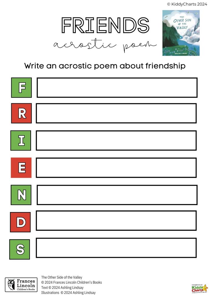 This is a worksheet for writing an acrostic poem about friendship, using the word "FRIENDS." It is for children and includes a book advertisement.