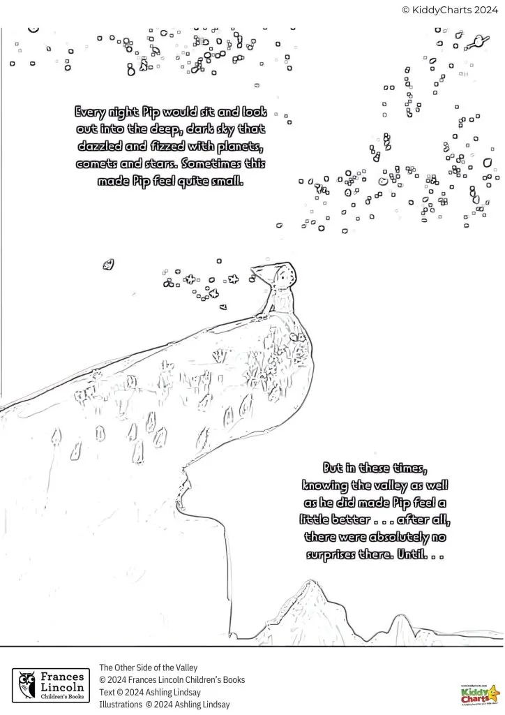 This image is a coloring page featuring a bird on a branch with text from a book titled "The Other Side of the Valley," describing night sky observations.