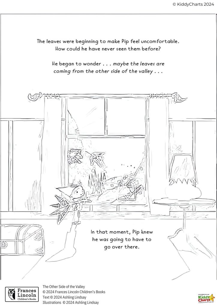 A sketch-like illustration of an interior with a window, bench, and lamp. Text suggests a character named Pip is pondering about unseen leaves.