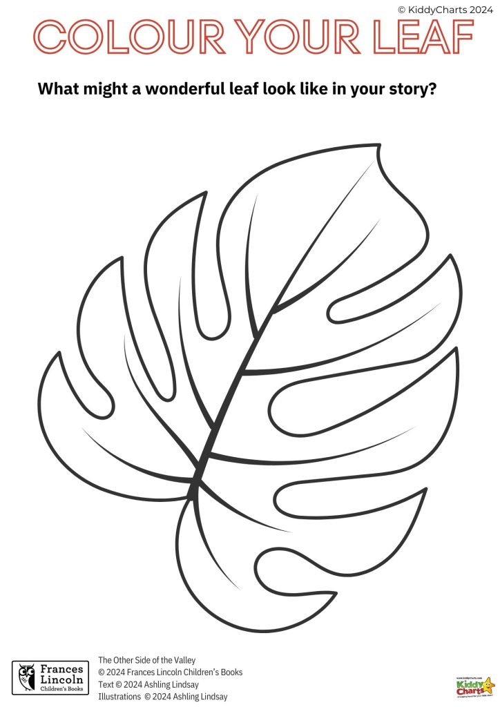 The image is a black and white coloring page featuring a large, detailed leaf with the text "COLOUR YOUR LEAF" encouraging personal creativity.