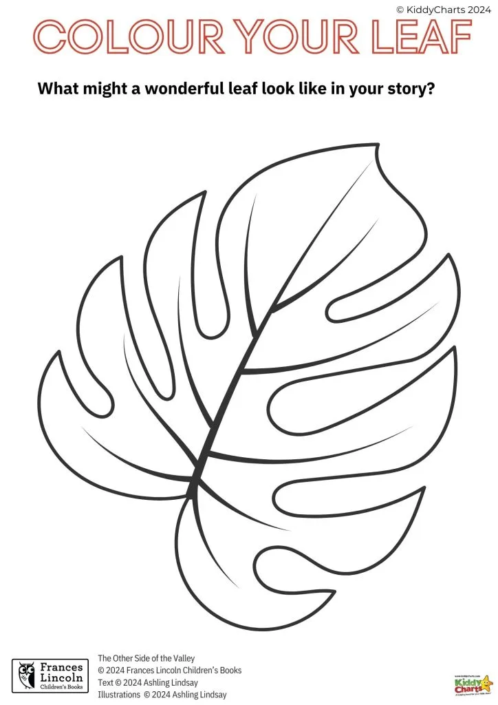 The image is a black and white coloring page featuring a large, detailed leaf with the text "COLOUR YOUR LEAF" encouraging personal creativity.