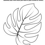 This is a black and white coloring page featuring a single large leaf with a text prompt encouraging creative design with available materials.