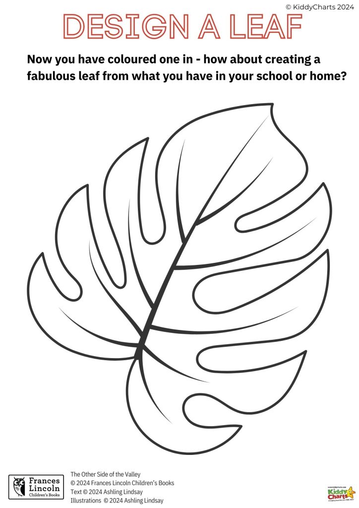 This is a black and white coloring page featuring a single large leaf with a text prompt encouraging creative design with available materials.