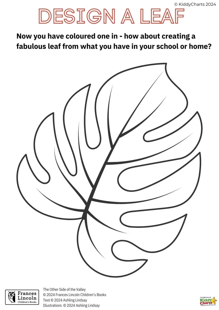 This is a black and white coloring page featuring a single large leaf with a text prompt encouraging creative design with available materials.