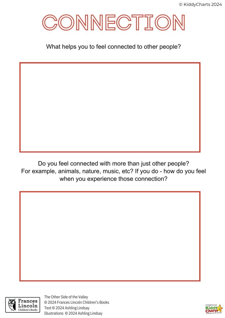 The image shows a worksheet with the title "CONNECTION" asking what helps the individual feel connected to people, animals, nature, and music.