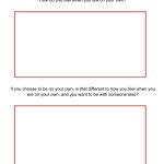 This is an activity sheet asking introspective questions about being alone, with empty response spaces. It's a part of interactive material, possibly for children's self-reflection or discussion.