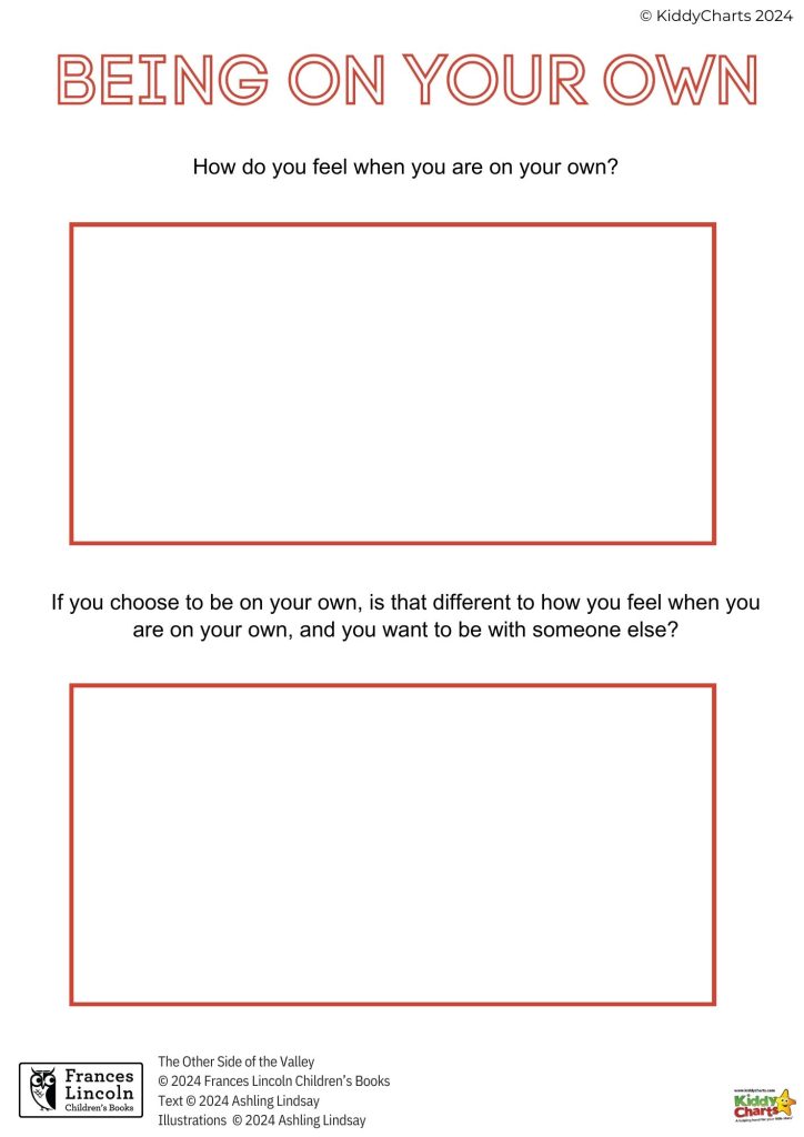 This is an activity sheet asking introspective questions about being alone, with empty response spaces. It's a part of interactive material, possibly for children's self-reflection or discussion.