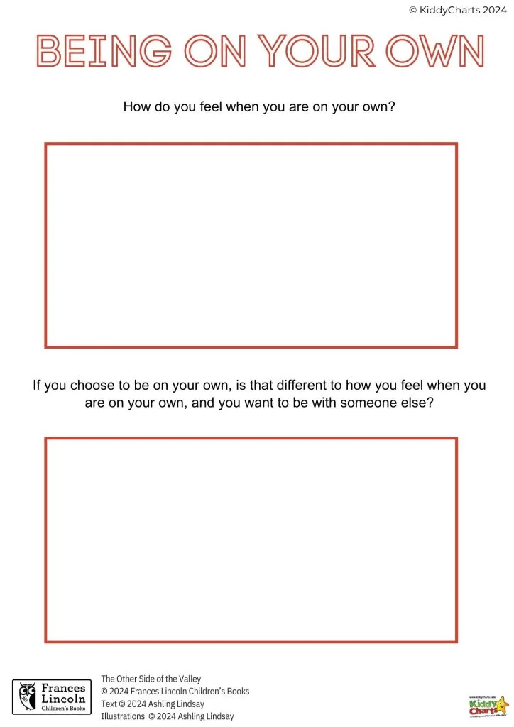 This is an activity sheet asking introspective questions about being alone, with empty response spaces. It's a part of interactive material, possibly for children's self-reflection or discussion.