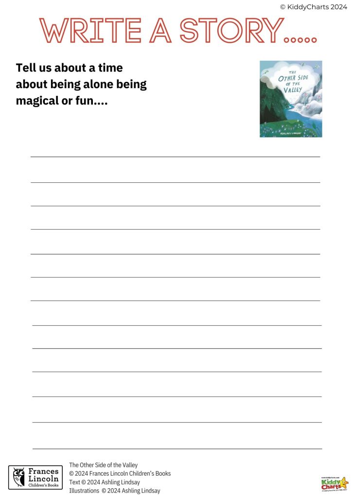 This is a children's story-writing worksheet with prompts, lines for writing, and an illustrated book cover titled "The Other Side of the Valley."