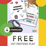 An advertisement for a free downloadable veterinary pretend play kit aimed at cultivating empathy in children, featuring colorful graphics, stethoscope, and play cards.