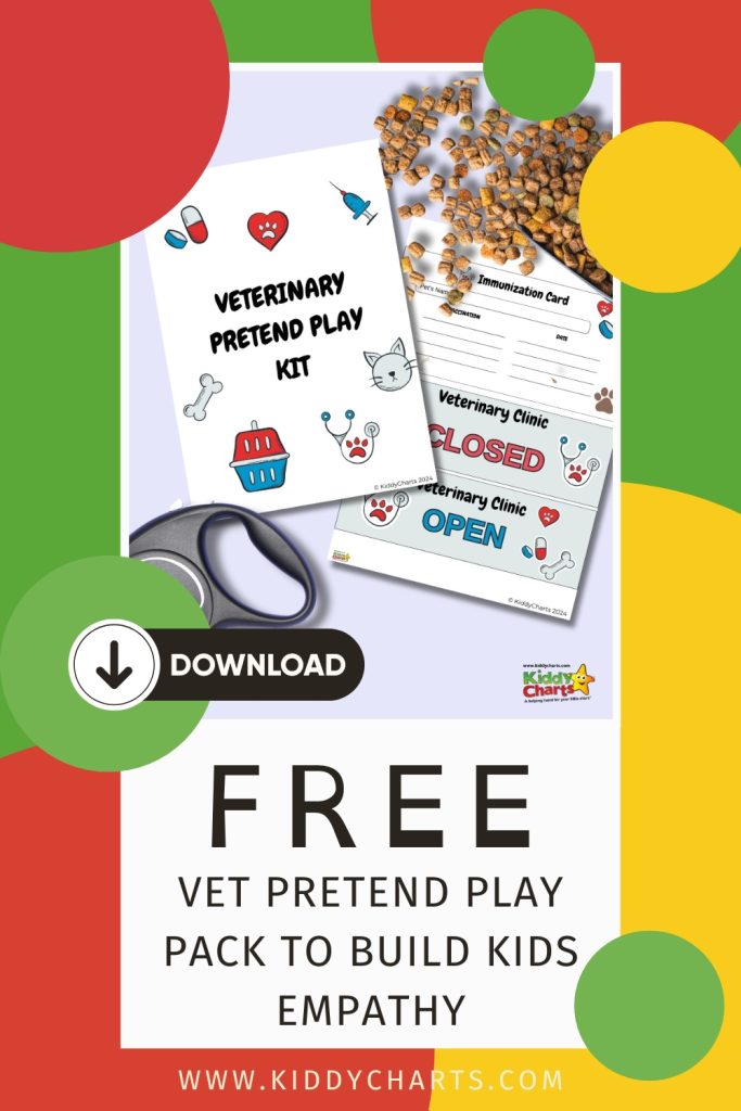 An advertisement for a free downloadable veterinary pretend play kit aimed at cultivating empathy in children, featuring colorful graphics, stethoscope, and play cards.