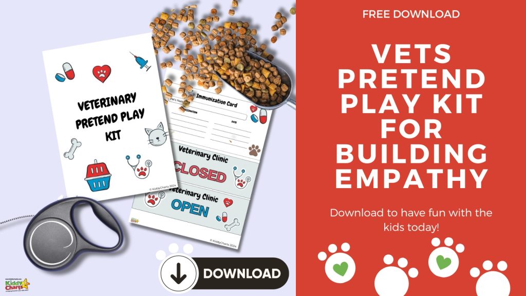 This is an advertisement for a free downloadable "Vets Pretend Play Kit for Building Empathy," featuring images of a stethoscope, pet food, and play documents.