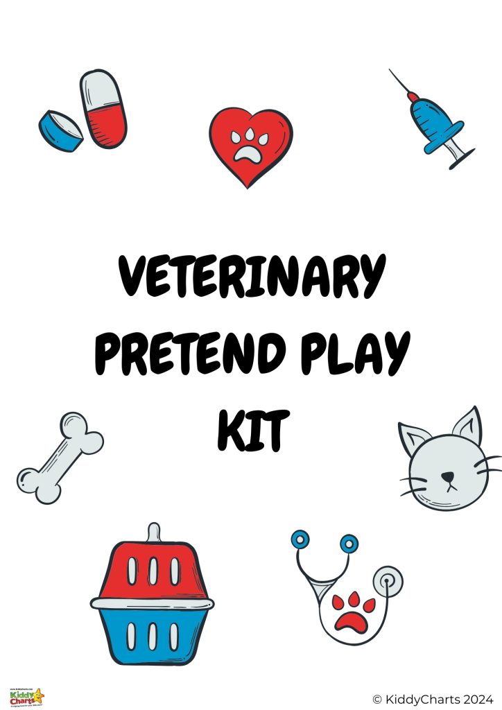 The image depicts a colorful poster advertising a "Veterinary Pretend Play Kit" with illustrations of pills, heart with paw print, syringe, bone, cat, and carrier.