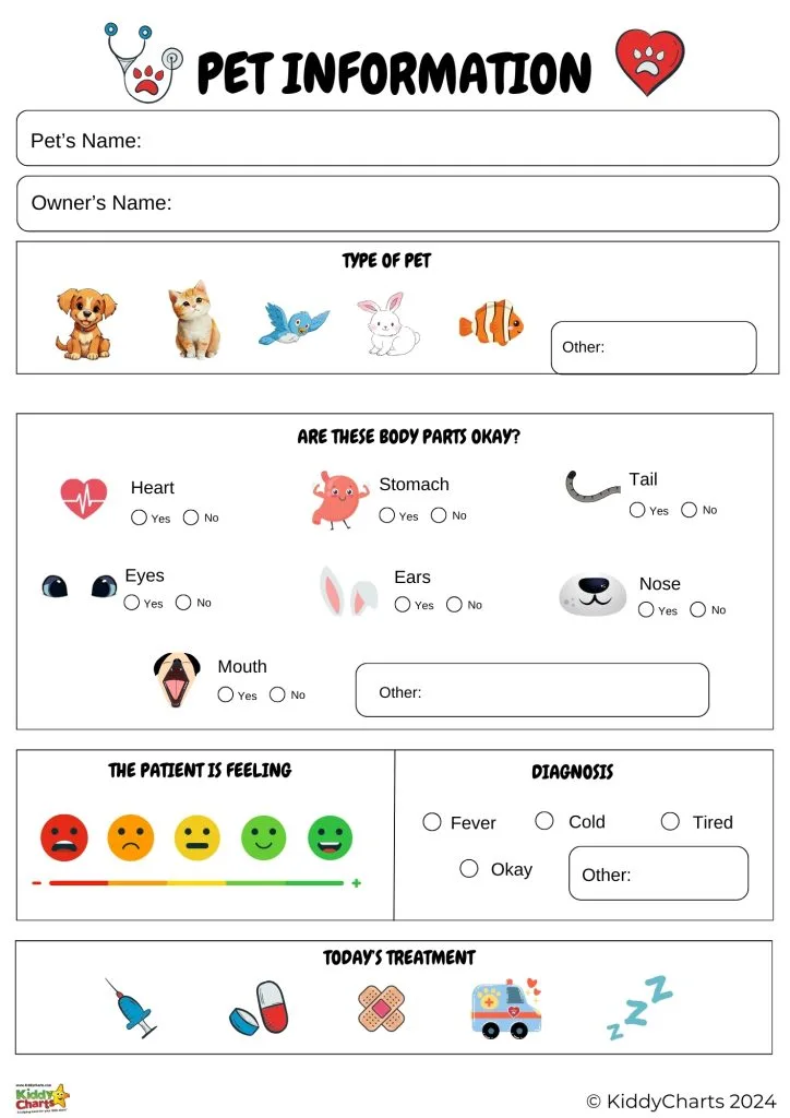 This image is a colorful pet information form that includes fields for pet and owner's names, type of pet, body parts health check, mood, diagnosis, and treatment.