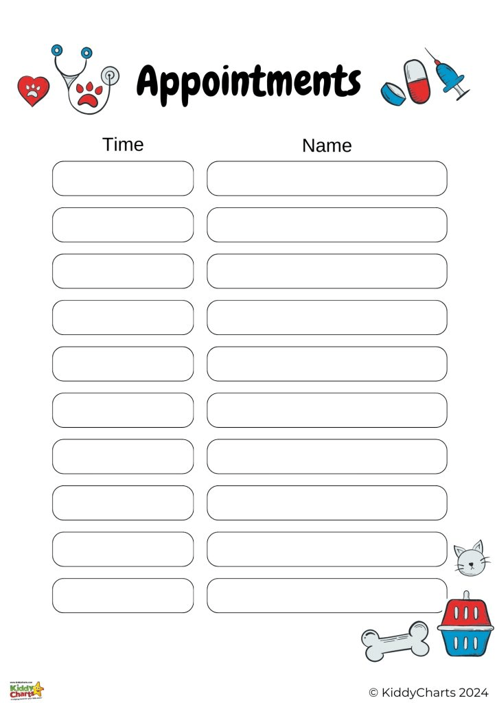 The image displays a blank appointments table with columns for "Time" and "Name," adorned with medical and pet icons, suggesting veterinary use.