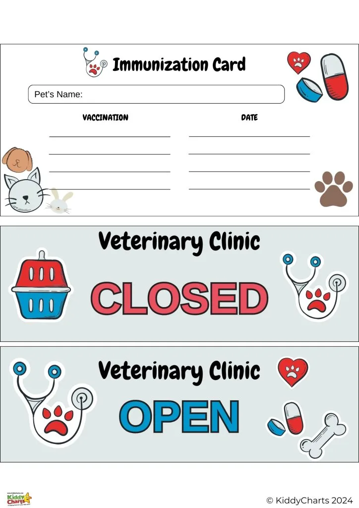 This image shows a pet immunization card and veterinary clinic signs indicating whether the clinic is open or closed. The graphics include pet-related icons.