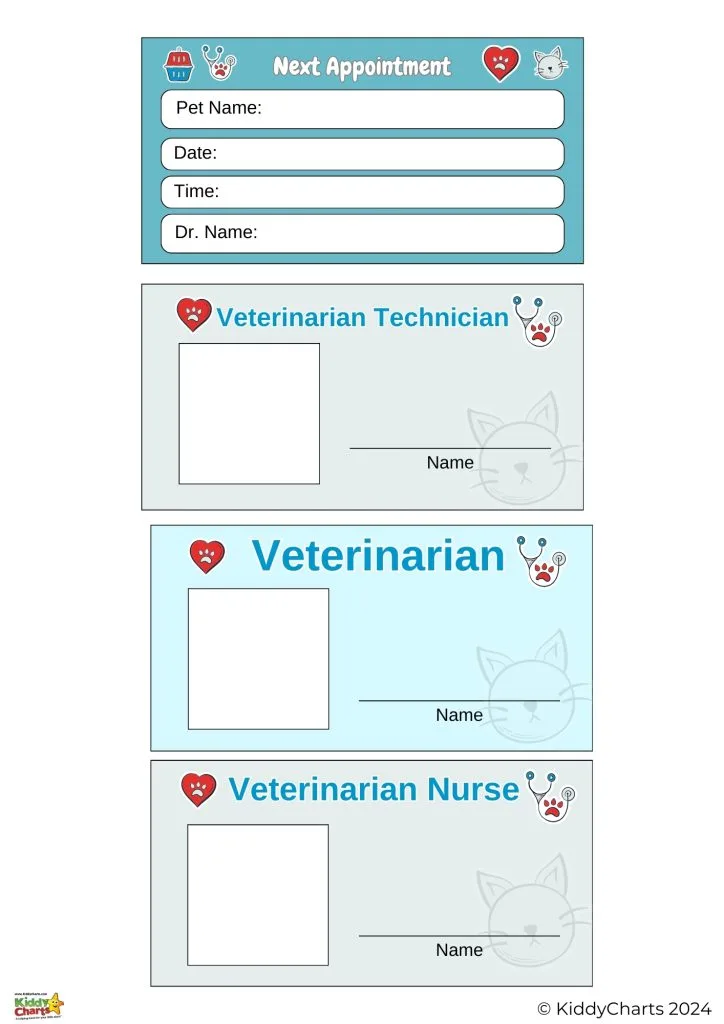 The image shows templates for veterinary appointments featuring placeholders for pet name, date, time, doctor's name, and tags for technician and nurse.