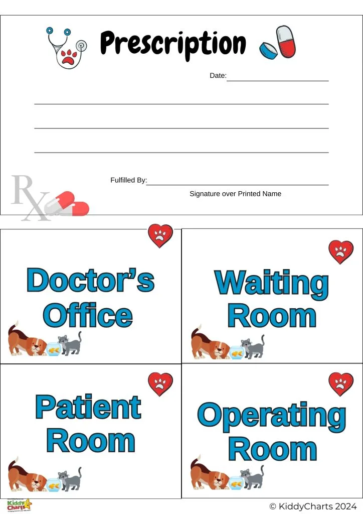 The image shows colorful signs labeled "Prescription," "Doctor's Office," "Waiting Room," "Patient Room," and "Operating Room," with playful illustrations of medical symbols and animals.