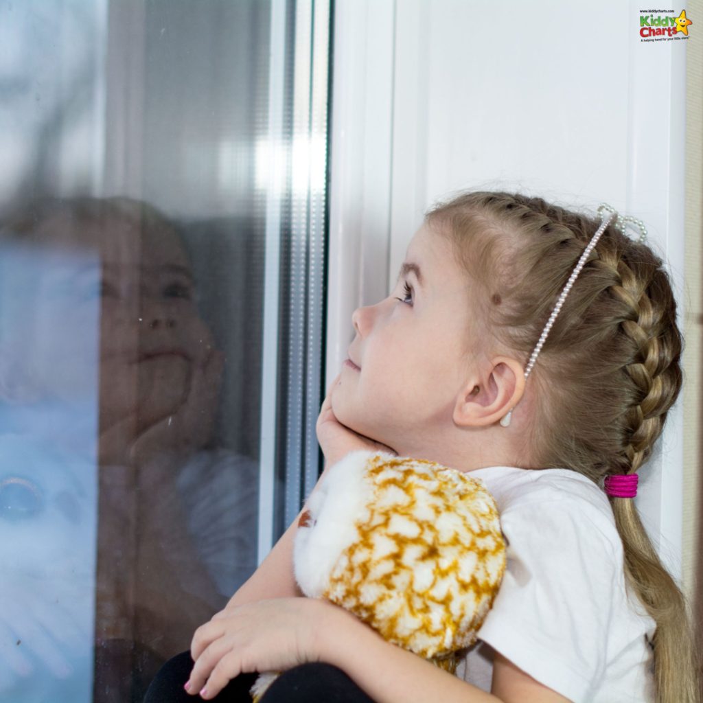 A young child with braided hair holds a stuffed toy, gazing out a window with a reflective expression, her face reflected on the glass.